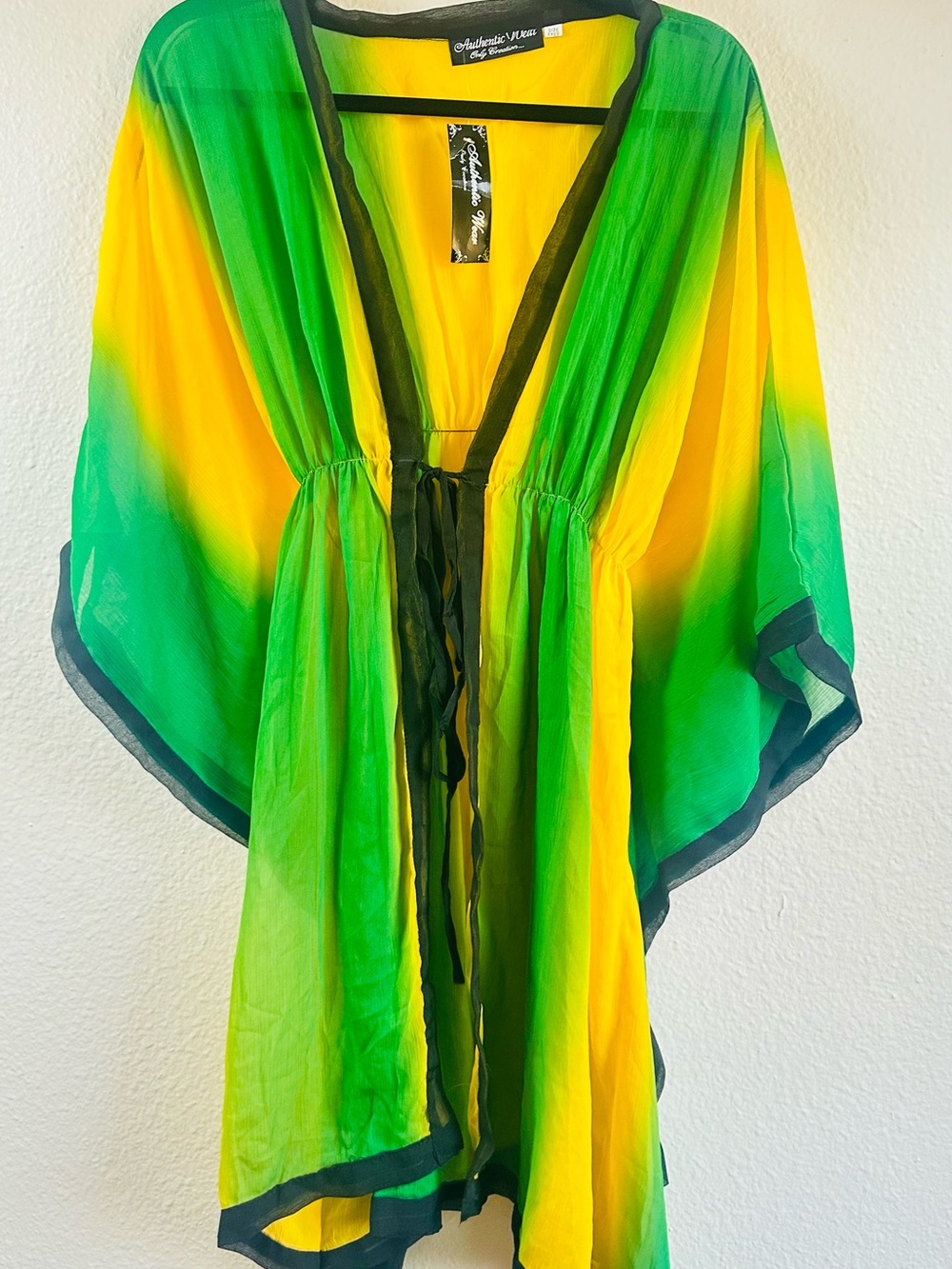 Authentic Vibes Green & Yellow Sheer Tie-Front Kimono Top
